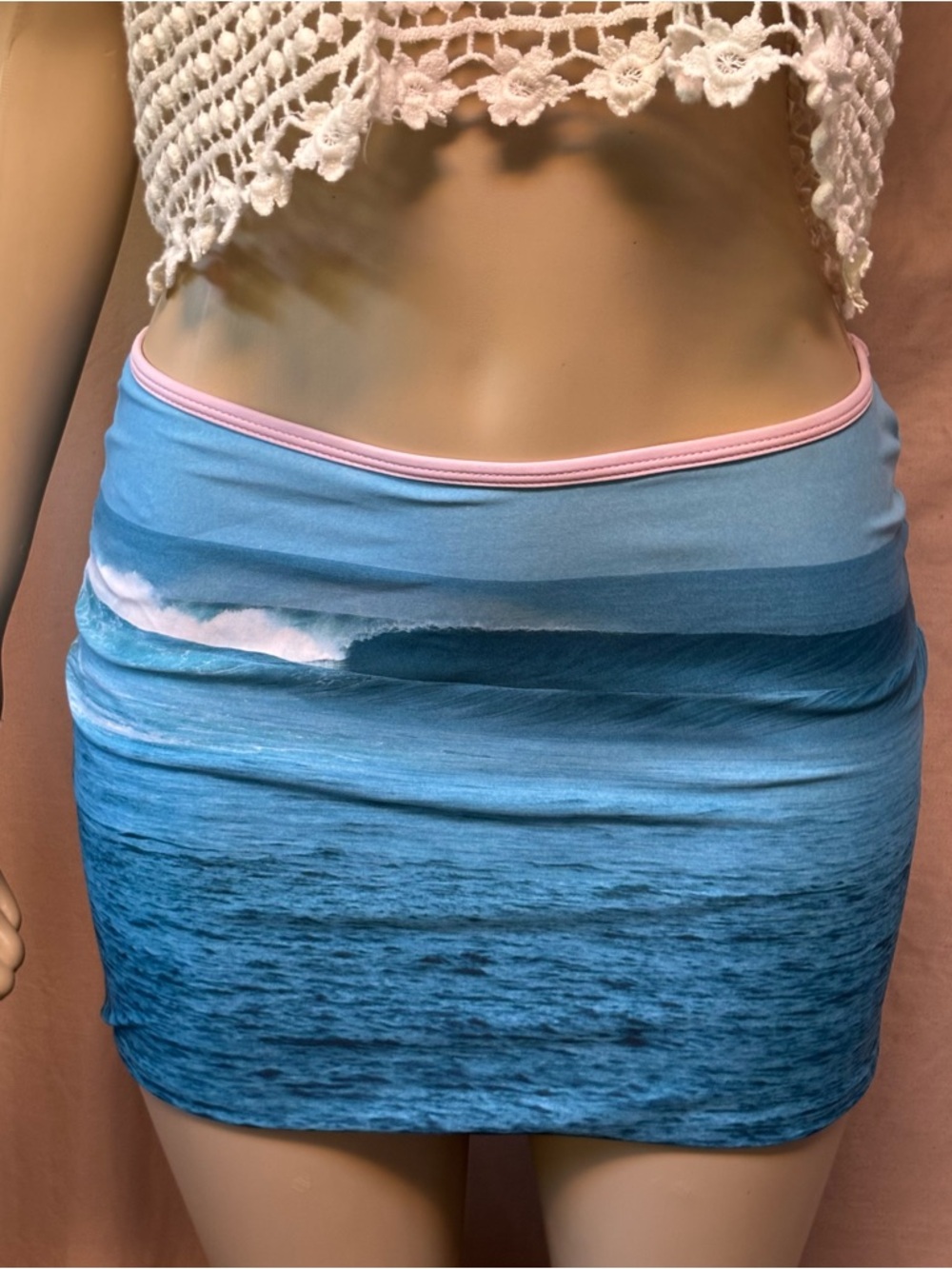 Ocean Print Reversible Micro Mini Skirt with Pink Trim